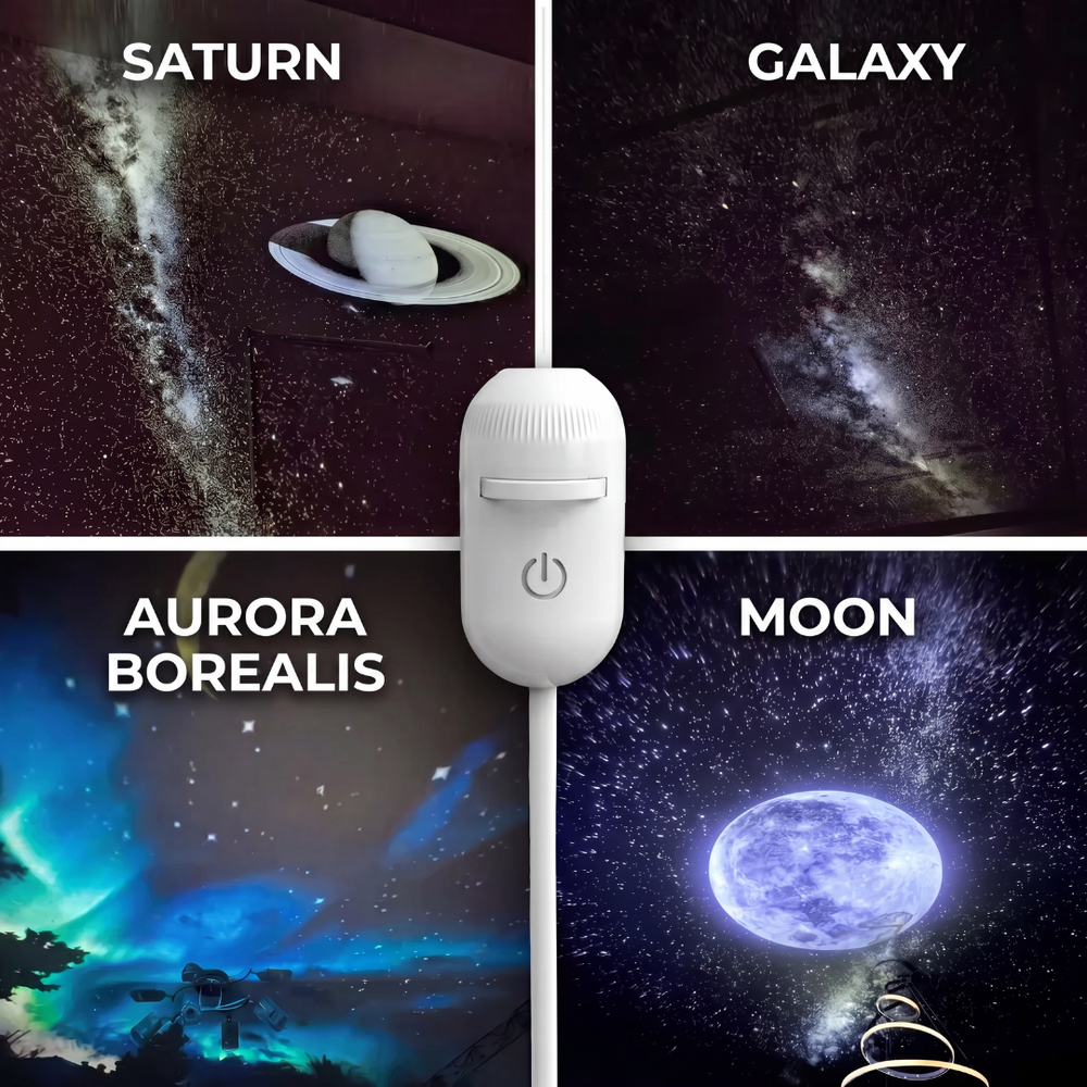 The projector showing four skies: Saturn, a galaxy, an aurora and the moon