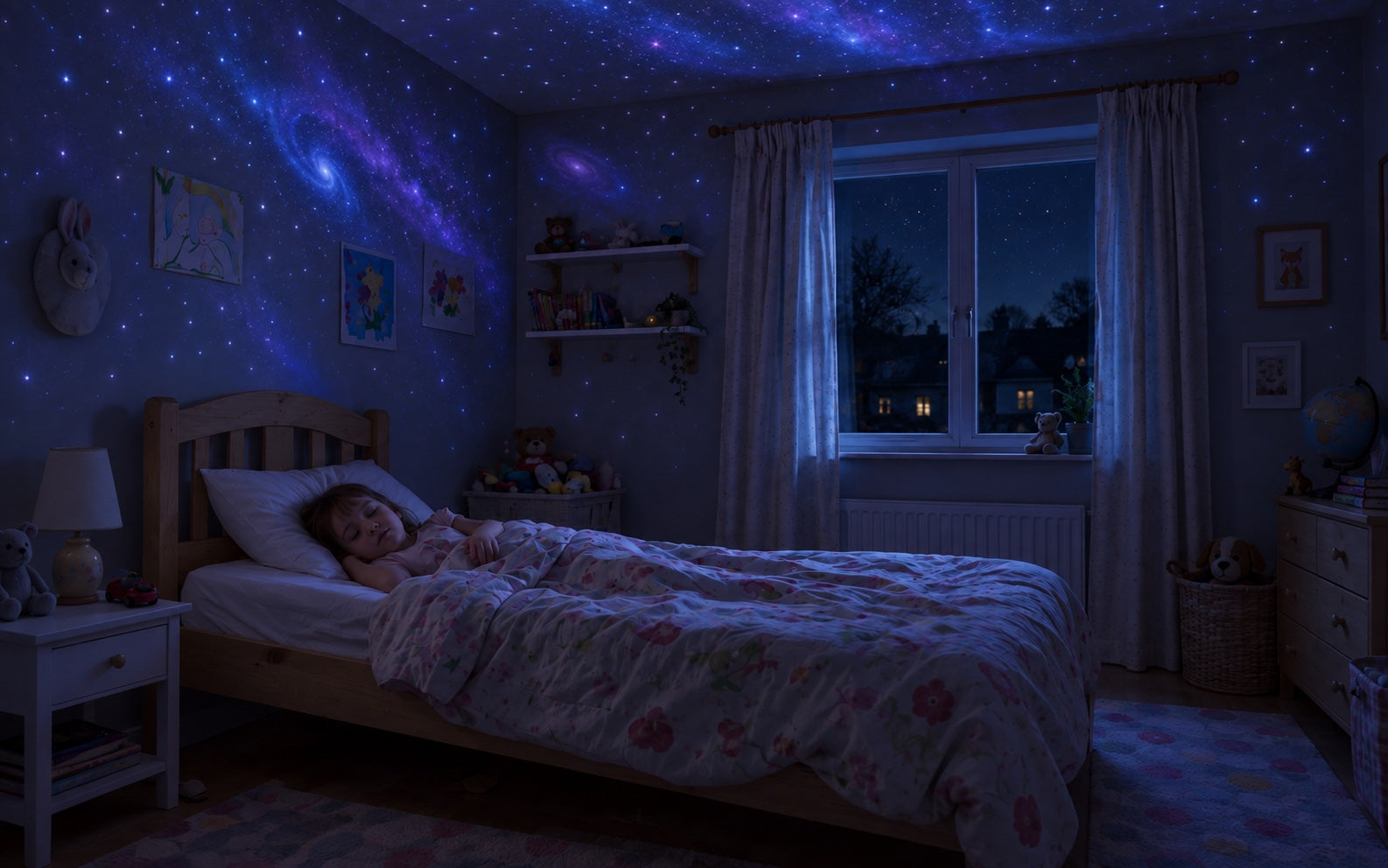 Girl asleep under the Galix projection