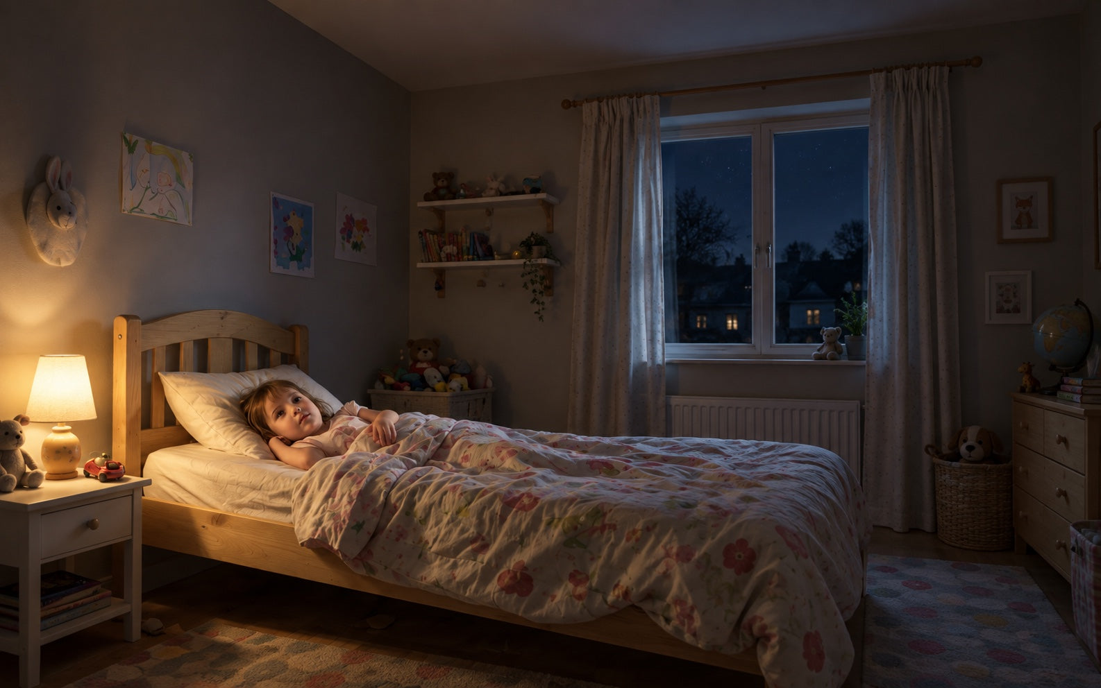 Girl lying awake with a conventional night light