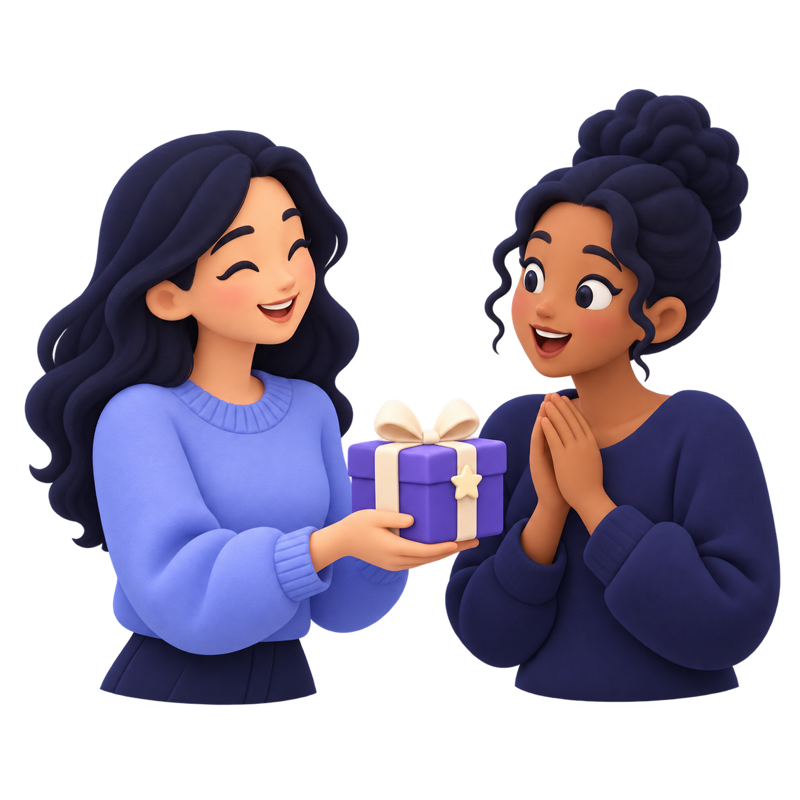 Illustration of two friends exchanging a gift