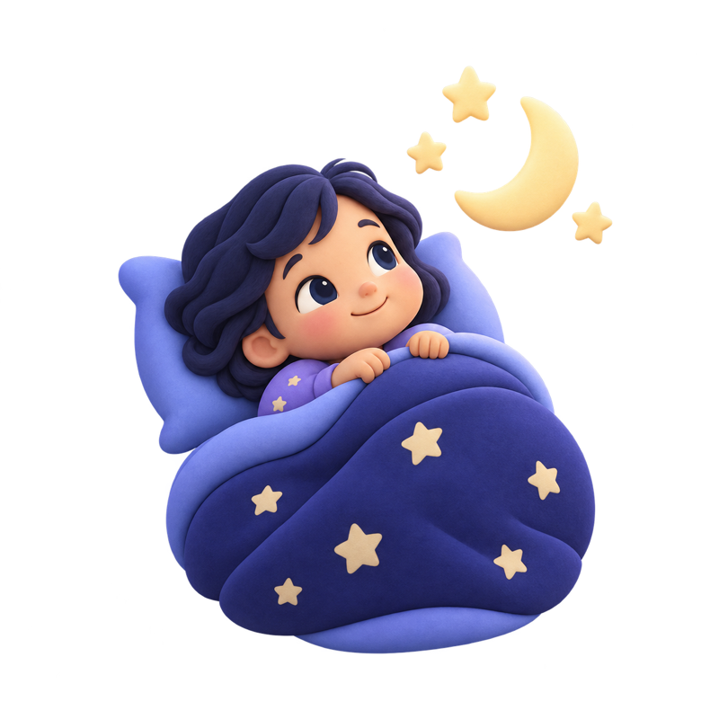 Illustration of a girl tucked in under the moon and stars
